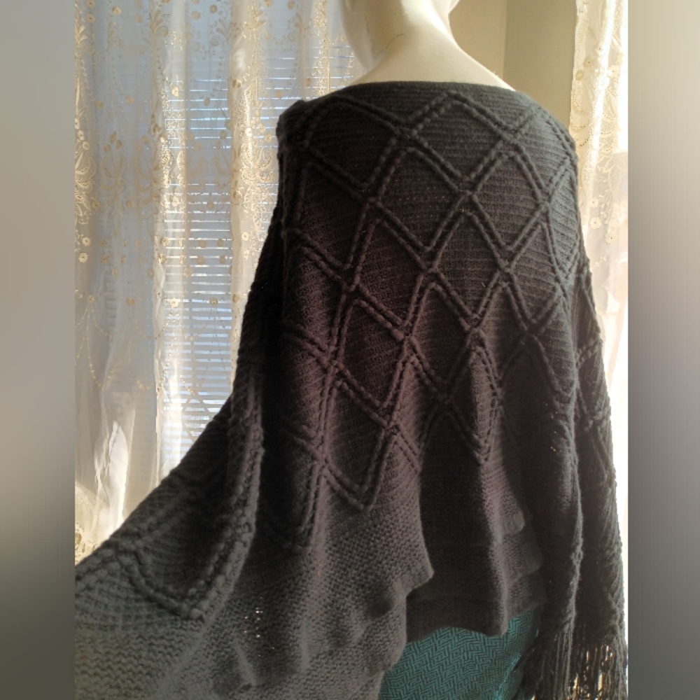 Super Staple, Black Fringed Sweater Poncho Shrug